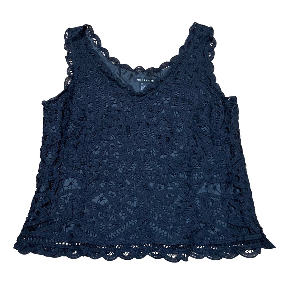 VTG Anne Carson Women's Large Black Linen Cotton Lace Scalloped V-Neck Tank Top